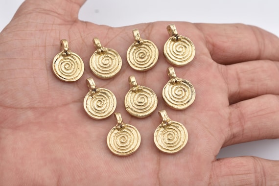 13mm - 12pcs Raw Brass Charms, Spiral Tribal Brass Pendants, Ethnic Charms ,  Boho Pendants For Jewelry Making And Micro Macrame