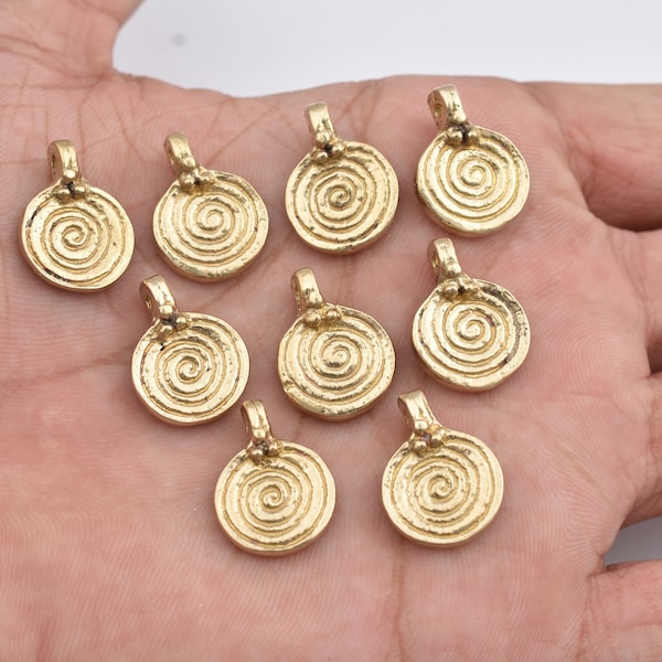 13mm - 12pcs Raw Brass Charms, Spiral Tribal Brass Pendants, Ethnic Charms ,  Boho Pendants For Jewelry Making And Micro Macrame