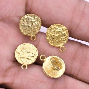 Gold Earring Posts 2 Pair, Gold Hammered Ear Studs, Shiny Gold Plated Hammered Earring Parts For Earring Making / Jewelry Making