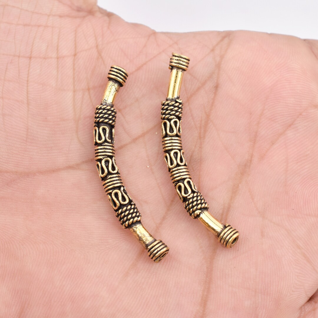 45mm 2pc Gold Curved Tube Beads, Bali Style Antique Finish Tube Beads
