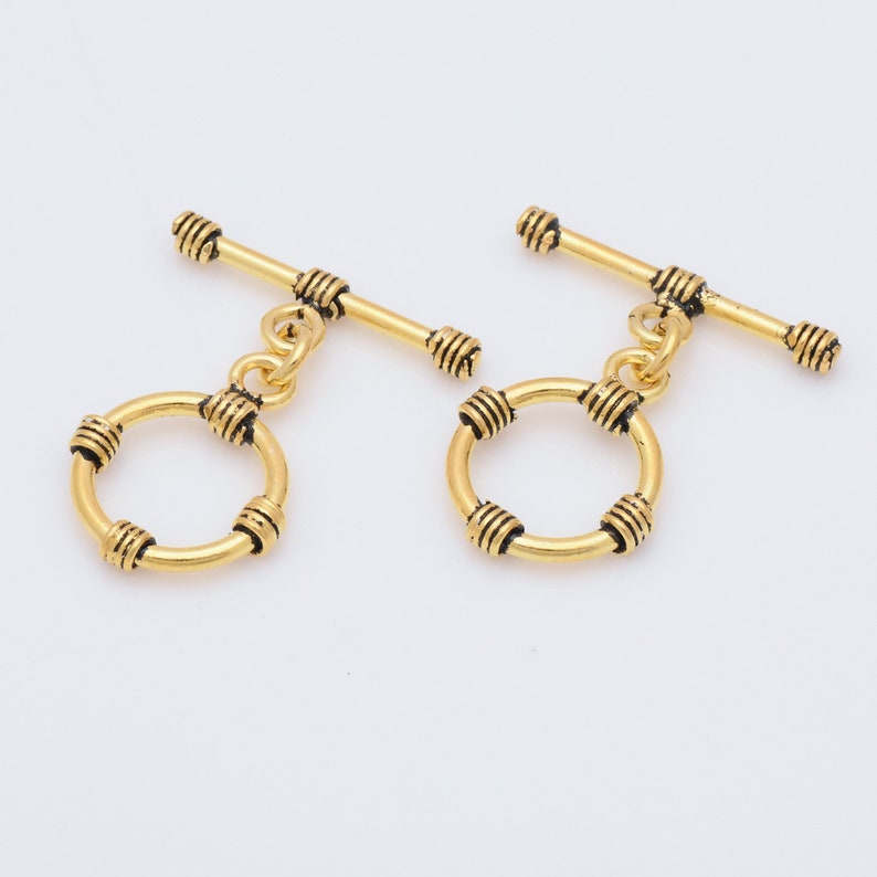 Gold Bali Style Clasps for Bracelets and Necklaces Gold Plated Closures 2 Set Antique Rope Gold Toggle Bar Clasps