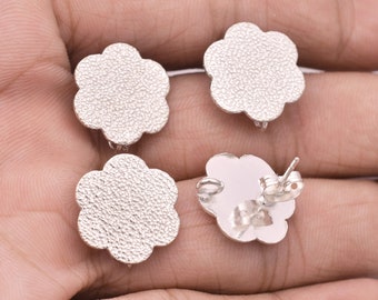 16mm - 4pcs Floral Silver Studs, Shiny Silver Plated Textured Ear Studs With Loop For Earing Making