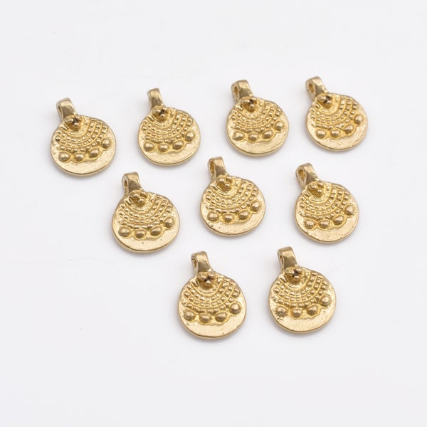 16mm - 12pcs Raw Brass Tribal Charms, Tribal Circular Pendants, Boho Pendants. Boho Charms For Jewelry Makings And Macrame