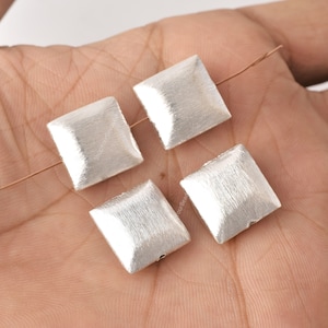 14mm - Silver Square Beads, 4pc Silver Plated Brushed Cushion Shape Beads For Jewelry Making