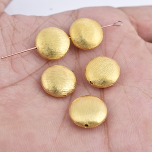 Gold Plated Saucer Beads, 5pc-14mm Large Side Hole Brushed Beads, Large Gold Beads, Coin Shape Beads, Flat Gold Beads For Jewelry