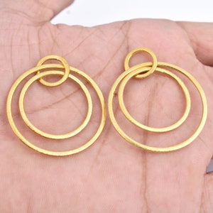 Gold plated Earrings connectors Artisan organic links, 2Pc -40mm brushed gold plated earring components, jewelry making Circles