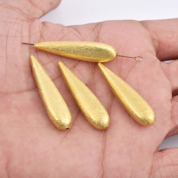 37mm - 4pc Gold Drop Beads, Brushed Gold Plated Teardrop Shape Beads, Top to Bottom Drilled