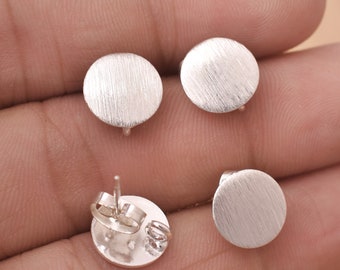 10mm - 4pcs Silver Brushed Round Earring Studs, Silver Plated Earring Connector Components, Jewelry Parts, Dangle Earring Making