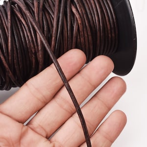 3mm Brown Leather Cord - Dark Distress Brown - Round - Matt Finish - Indian Leather - Antique Color Natural Dye