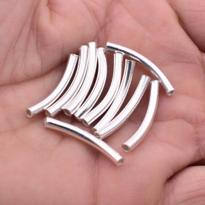 25mm - 10pc Shiny Silver Plated Curved Tube Beads, Noodle Beads, Pipe Beads, Size 25mm