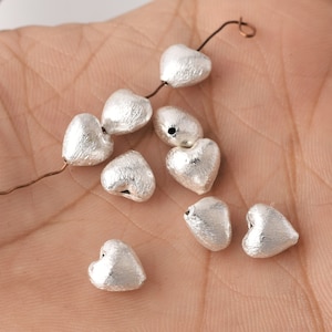 8mm - 14pcs Silver Plated Heart Shape Beads, Brushed Finish, Jewelry Making Supplies, Metal Findings