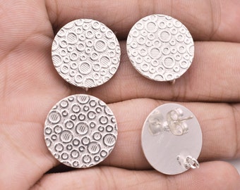 Round Silver Studs, Shiny Silver Plated Textured Ear Studs With Loop For Earing Making 18mm - 4pcs