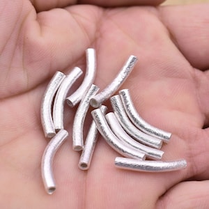 20mm - 12pc Silver Tube Beads, Curved Pipe Beads, Brushed Silver Curved Tube Beads, Silver Pipe Beads, Curved Pipe Beads, 2mm Hole