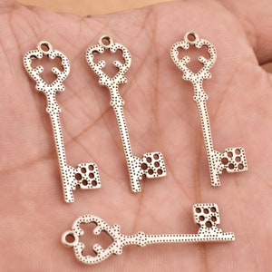 38x11mm -4 Pcs Antique Silver Plated Vintage Key Charms, Skeleton Key Charms | Silver Heart Wedding Key Pendants