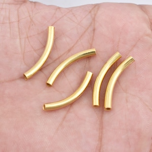25mm - 5pc  Gold Plated Shiny Curved Tube Beads,  Tube Beads, Size 25mm Curved Pipe Beads
