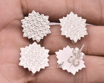 18mm - 4pcs Snow Flake Silver Studs, Shiny Silver Plated Textured Ear Studs With Loop For Earing Making