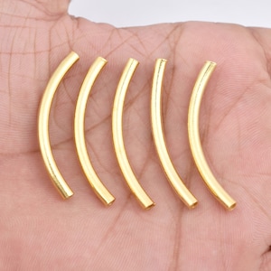 8pc - 40mm Gold Shiny Curved Tube Beads For Jewelry Making, Gold plated Tubes