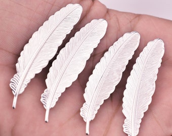 53mm -4pcs Long Silver Plated Leafy Wing Feather Charm, Silver Feather Pendant