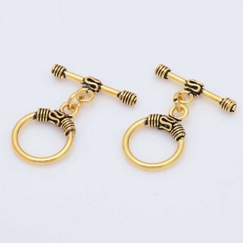 Gold Bali Style Clasps for Bracelets and Necklaces Gold Plated Closures 2 Set Antique Rope Gold Toggle Bar Clasps