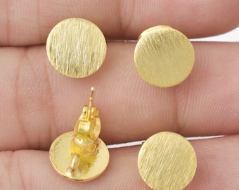 Gold Plated Brass Brushed Round Earring Studs - 10mm, 4pcs