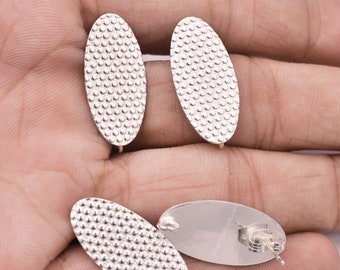 25*12mm - 4pcs Oval Silver Studs, Shiny Silver Plated Textured Ear Studs With Loop For Earing Making