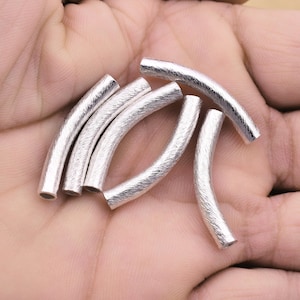30mm - Silver Plated Brush Curved Hollow Tube/Pipe Beads, 3mm Hole