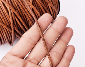 3mm Vintage Natural Brown Leather Cord - Round, Matte Finish