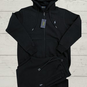 Mens classic PRL tracksuit with Full zip Hoodie and Joggers Bottoms in Black S-XXL
