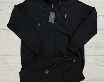 Mens classic PRL tracksuit with Full zip Hoodie and Joggers Bottoms in Black S-XXL