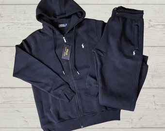 Mens classic PRL tracksuit with Full zip Hoodie and Joggers Bottoms in Navy S-XXL