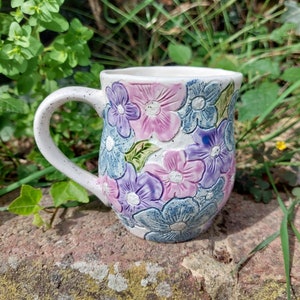 Ceramic Handmade Flower Mug PurpleBlueRustic