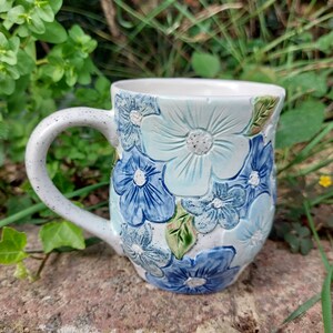 Ceramic Handmade Flower Mug All Blue Rustic