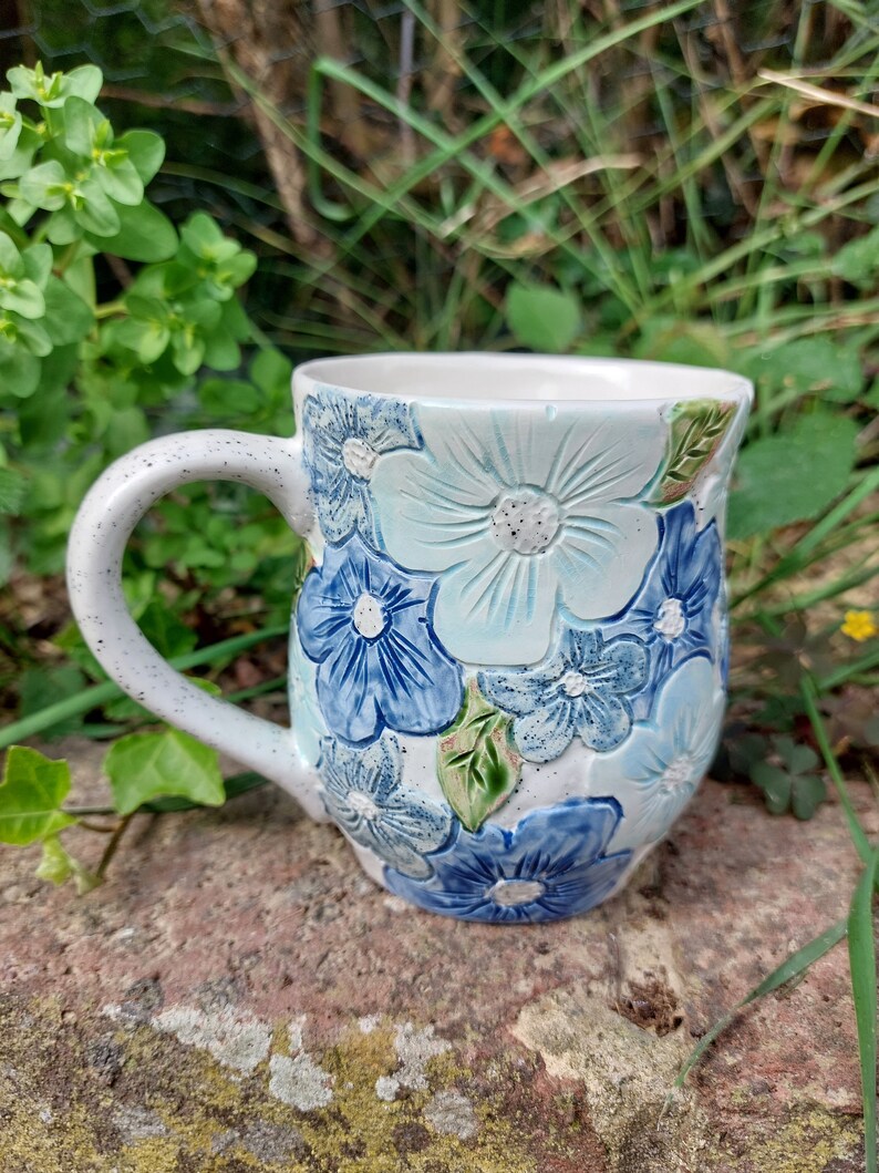 Ceramic Handmade Flower Mug All Blue Rustic