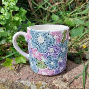 Ceramic Handmade Flower Mug PurpleBlueRound