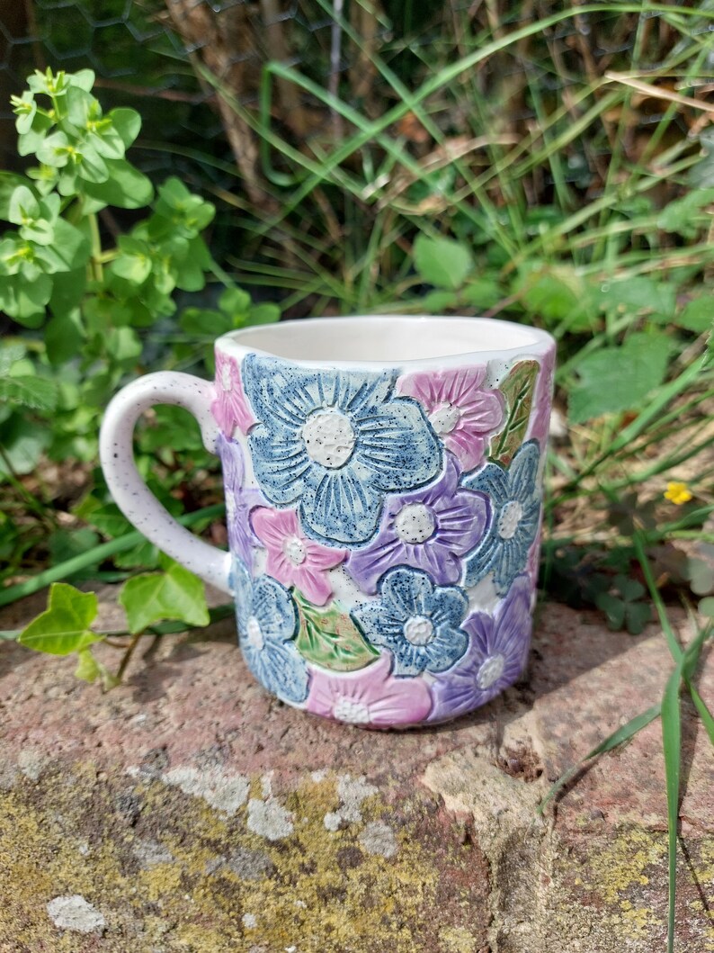 Ceramic Handmade Flower Mug PurpleBlueRound