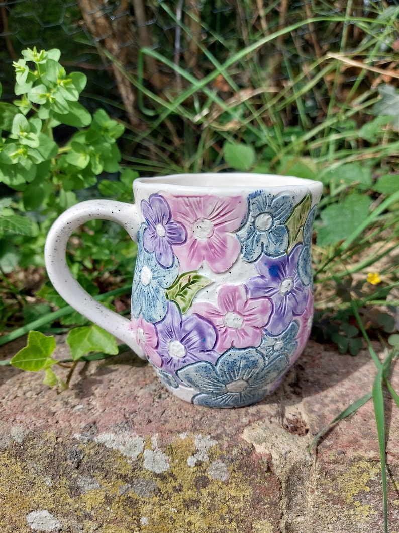 Ceramic Handmade Flower Mug PurpleBlueRustic