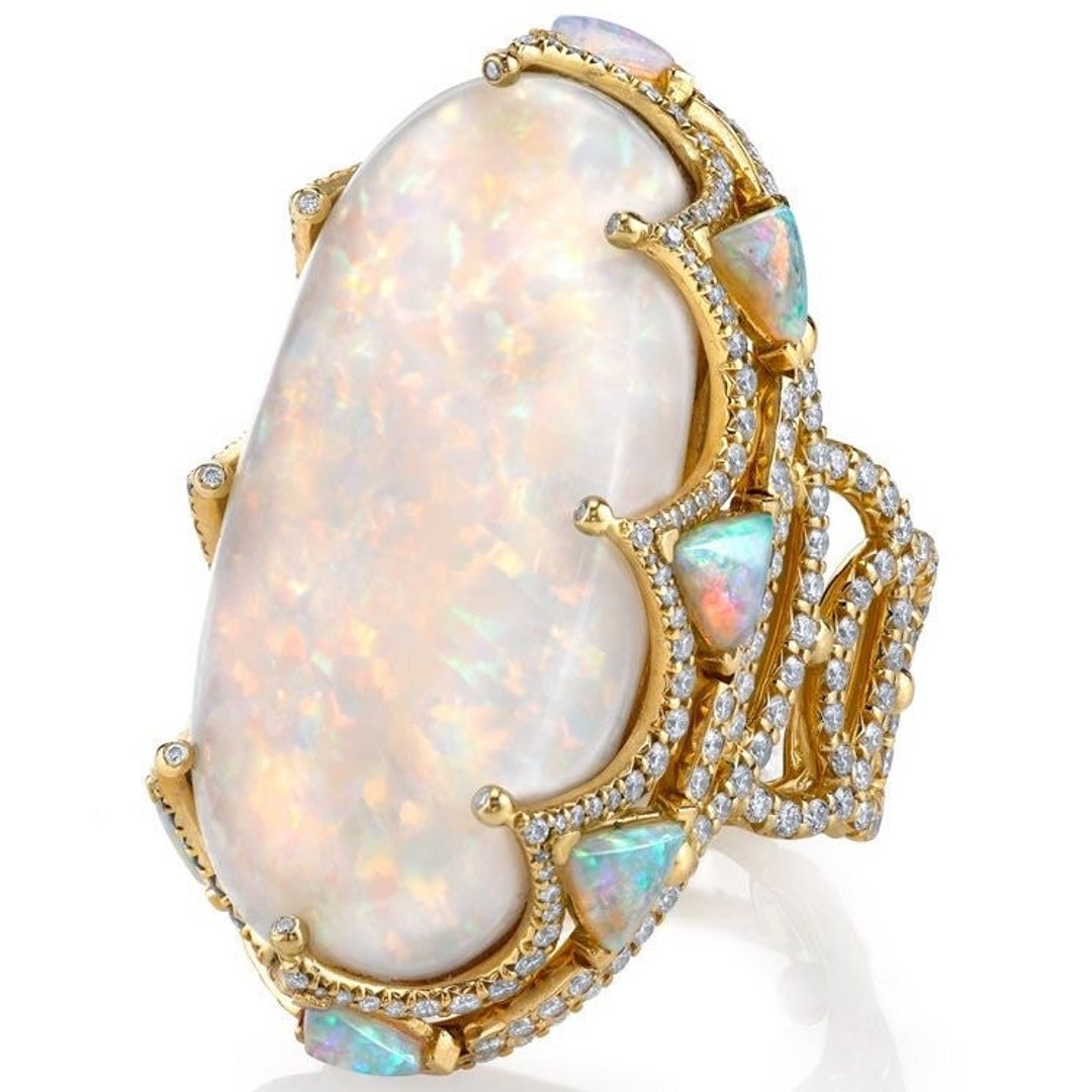 14k Gold 10 Ct Fire Opal 3ct Natural Diamond Engagement Ring Fine