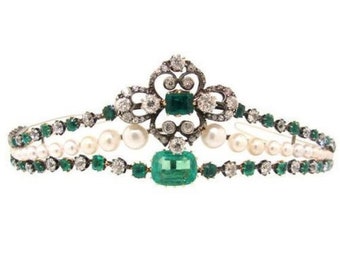 Natural Diamond Natural Pearl Lab Emerald Sterling Silver Tiara, Crown