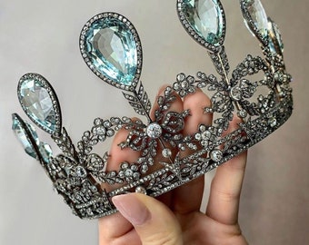 Diamond Blue Topaz Silver Tiara,Crown, Antique Tiara