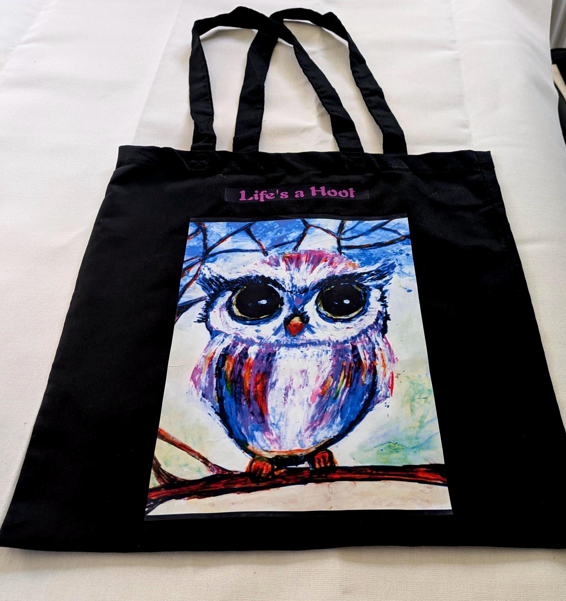 Life’s a hoot fun owl art  black  cotton tote bag, , useful gift for family or friends. 39 x 4