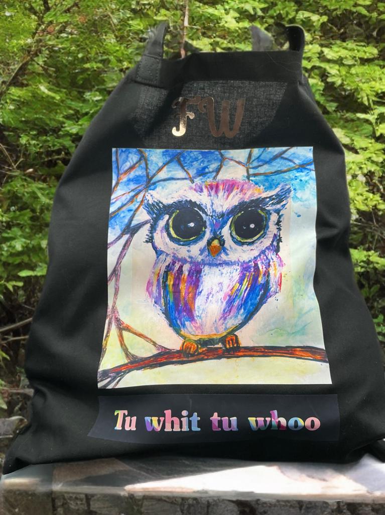Personalised tu whit tu whoo owl art black cotton tote bag, , useful gift for family or friends. 3