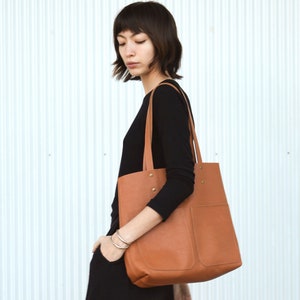 Tan Leather Bag With Exterior Pockets - Full Grain Leather Shopping Bag - Handmade Leather Work Purse - Black Office Bag - Tan Laptop Bag