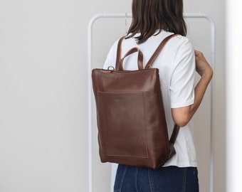 Convertible full grain leather backpack - Minimalist leather laptop backpack - Slow fashion - Big leather backpack