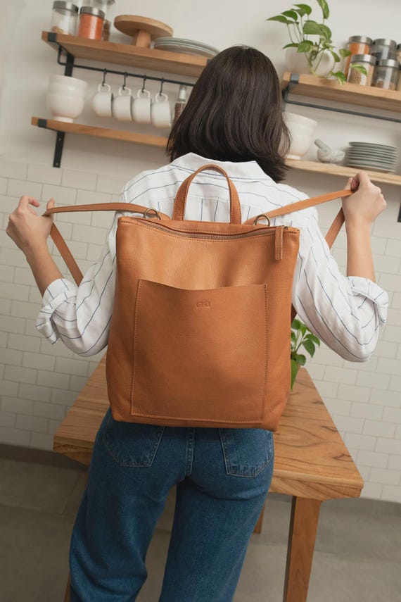 Convertible leather diaper bag backpack for moms, full-grain tan leather tote backpack, gift for new mothers, everyday rucksack and stylish.