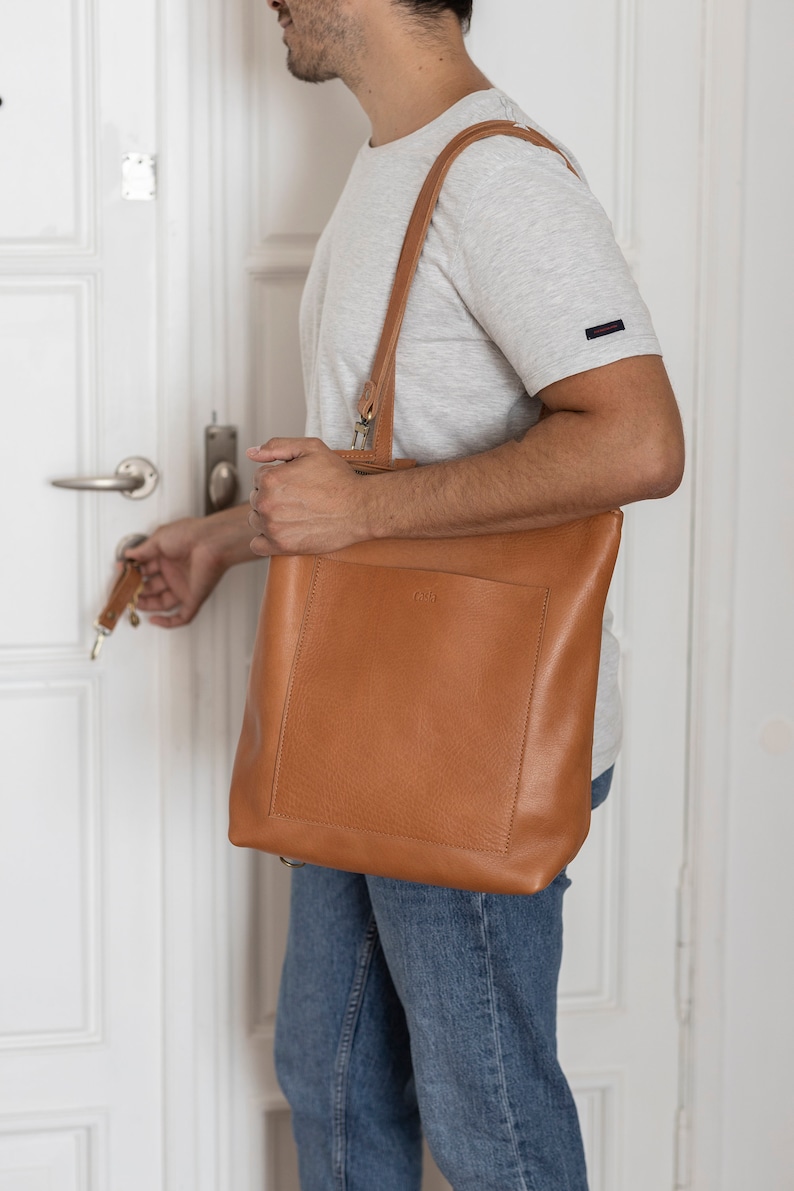 Full grain leather convertible backpack.