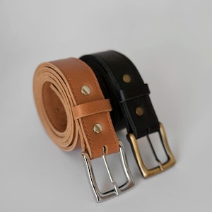 Leather Belt - Leather Men Belt - Classic Leather Belt 35mm - Leather Women  Belt - Metal Buckle Leather Belt - Two leather belts with metal buckles. One belt is brown and the other is black. The brown belt has a silver buckle and the black belt has a gold buckle.
