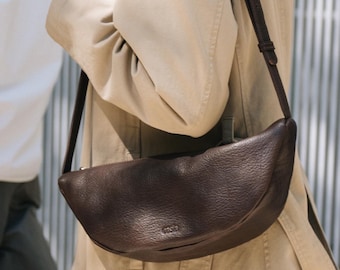 Chocolate Full Grain Leather Crossbody Bag – Vegetable Tanned Handmade Crescent Moon Sling Bag – Slow Fashion Leather Gift for Her