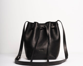 Drawstring Leather Bag | Leather Drawstring Purse | Leather Crossbody Bucket Purse | Leather Tie Purse | Adjustable Leather Purse