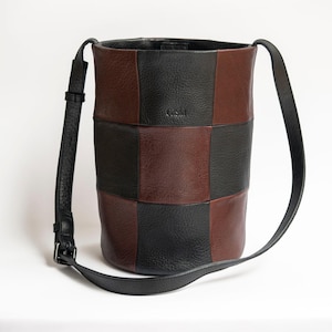 Leather checkered crossbody bag - Patchwork bucket bag