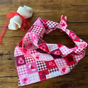 May include: Pink and red gingham dog bandana with a patchwork design featuring hearts, roses, and arrows. The bandana has a small yellow tag with the text "muttly sunny".